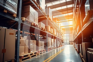 Interior of a modern warehouse. Large space for storing and moving goods. Logistics. Blurred background. The sun\'s rays fall