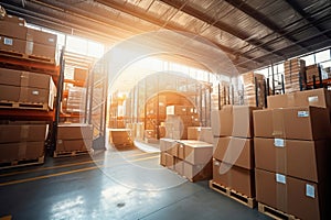 Interior of a modern warehouse. Large space for storing and moving goods. Logistics. Blurred background. The sun\'s rays fall