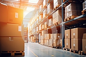 Interior of a modern warehouse. Large space for storing and moving goods. Logistics. Blurred background. The sun\'s rays fall