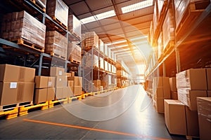 Interior of a modern warehouse. Large space for storing and moving goods. Logistics. Blurred background. The sun\'s rays fall