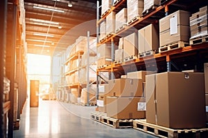 Interior of a modern warehouse. Large space for storing and moving goods. Logistics. Blurred background. The sun\'s rays fall