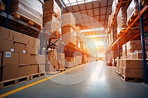 Interior of a modern warehouse. Large space for storing and moving goods. Logistics. Blurred background. The sun\'s rays fall