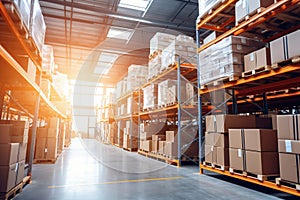 Interior of a modern warehouse. Large space for storing and moving goods. Logistics. Blurred background. The sun\'s rays fall