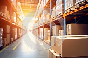 Interior of a modern warehouse. Large space for storing and moving goods. Logistics. Blurred background. The sun\'s rays fall