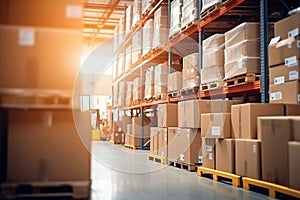 Interior of a modern warehouse. Large space for storing and moving goods. Logistics. Blurred background. The sun\'s rays fall