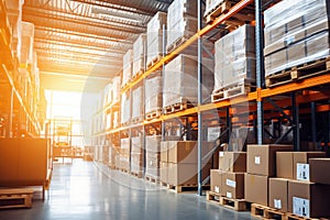 Interior of a modern warehouse. Large space for storing and moving goods. Logistics. Blurred background. The sun\'s rays fall