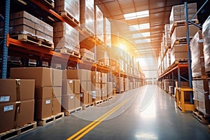 Interior of a modern warehouse. Large space for storing and moving goods. Logistics. Blurred background. The sun\'s rays fall