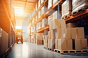 Interior of a modern warehouse. Large space for storing and moving goods. Logistics. Blurred background. The sun\'s rays fall