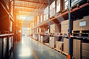 Interior of a modern warehouse. Large space for storing and moving goods. Logistics. Blurred background. The sun\'s rays fall