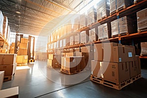 Interior of a modern warehouse. Large space for storing and moving goods. Logistics. Blurred background. The sun\'s rays fall