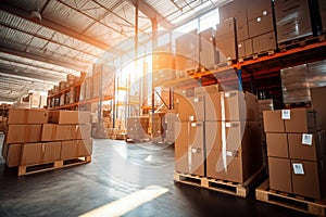 Interior of a modern warehouse. Large space for storing and moving goods. Logistics. Blurred background. The sun\'s rays fall