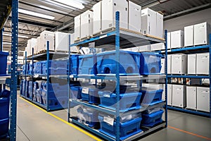 Interior of a modern warehouse. Large space for storing and moving goods. Logistics. Plastic boxes for storing small items