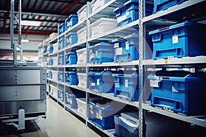 Interior of a modern warehouse. Large space for storing and moving goods. Logistics. Plastic boxes for storing small items