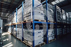 Interior of a modern warehouse. Large space for storing and moving goods. Logistics. Plastic boxes for storing small items