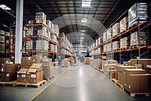 Interior of a modern warehouse. Large space for storing and moving goods. Logistics. Trade in the modern world