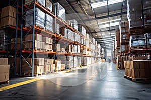 Interior of a modern warehouse. Large space for storing and moving goods. Logistics. Trade in the modern world