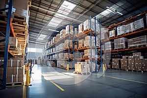 Interior of a modern warehouse. Large space for storing and moving goods. Logistics. Trade in the modern world