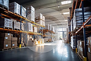 Interior of a modern warehouse. Large space for storing and moving goods. Logistics. Trade in the modern world