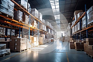 Interior of a modern warehouse. Large space for storing and moving goods. Logistics. Trade in the modern world