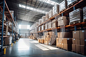 Interior of a modern warehouse. Large space for storing and moving goods. Logistics. Trade in the modern world