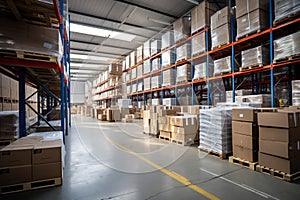 Interior of a modern warehouse. Large space for storing and moving goods. Logistics. Trade in the modern world