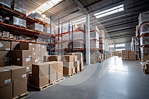 Interior of a modern warehouse. Large space for storing and moving goods. Logistics. Trade in the modern world