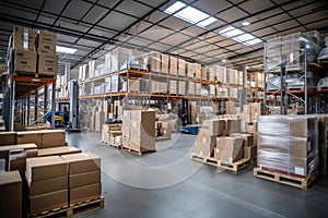 Interior of a modern warehouse. Large space for storing and moving goods. Logistics. Trade in the modern world