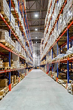 Interior of a modern warehouse storage of retail shop with pallet truck