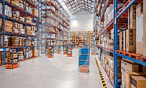 Interior of a modern warehouse where automated goods transport vehicles work