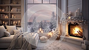 Interior of modern white bedroom with Christmas decor. Garlands and burning candles, comfortable bed with cushions and