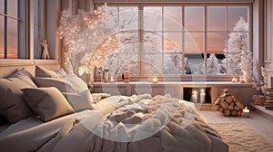 Interior of modern white bedroom with Christmas decor. Garlands and burning candles, decorated plants, comfortable bed