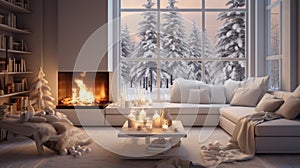 Interior of modern white living room with Christmas decor. Blazing fireplace, garlands and burning candles, elegant