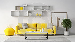Interior modern white living room with decor and bright yellow sofa modern apartment generative ai