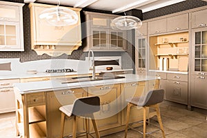 interior of modern wooden brown kitchen with comfortable table