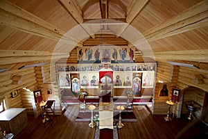 Interior Modern Wooden Orthodox church in Moscow, Russia