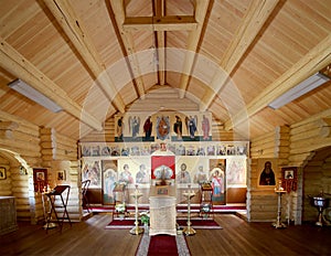 Interior Modern Wooden Orthodox church in Moscow, Russia