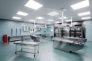 Interior of a morgue in a modern hospital. Concept death, autopsy, cause of death, funeral, funeral services. 3D illustration, 3D