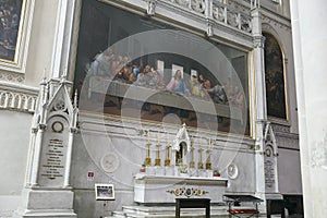 Interior with mosaic copy of famous fresco Last Supper of Leonardo da Vinci in Minorite Church Minoritenkirche in Vienna