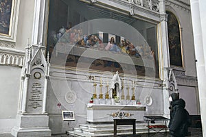 Interior with mosaic copy of famous fresco Last Supper of Leonardo da Vinci in Minorite Church Minoritenkirche in Vienna