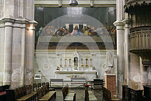 Interior with mosaic copy of famous fresco Last Supper of Leonardo da Vinci in Minorite Church Minoritenkirche in Vienna