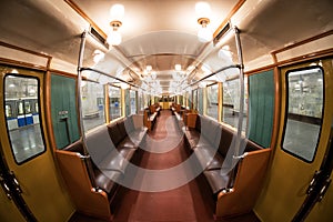 The interior of Moscow`s subway retro train of 1934. June 10, 2017. Moscow. Russia
