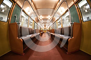 The interior of Moscow`s subway retro train of 1934. June 10, 2017. Moscow. Russia