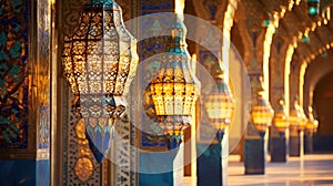 Interior of a mosque, Hanging lights, decorated walls and pillars inside the masjid, Generative AI photo