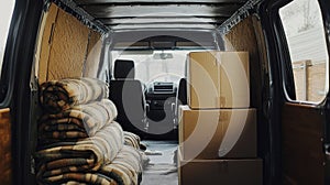 Interior of Moving Van with Cardboard Boxes and Blankets for Relocation