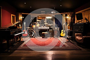 Interior of a music studio with guitar, piano chair, Indoor recording studio with guitars amps and pianos, AI Generated