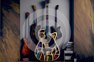 Interior of a musician`s room. Guitars as decorations displayed on the ground. Colorful painting in the background. Generative ai photo