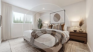 interior with neutral textiles, minimalist bedframe, uncluttered layout, and a large blank white wall above the headboard