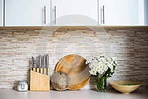 Interior of new bright white home kitchen