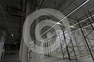 Interior of a new empty warehouse, wide angle view