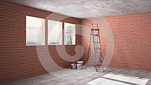 Interior of a new house under construction, home renovation, brick walls, concrete flooring, architecture engineering concept